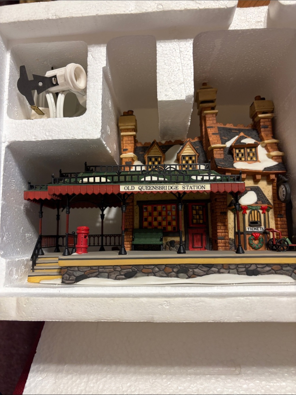 Department 56 Victorian Holiday Train Station in Red, Green, Black, White, Brown